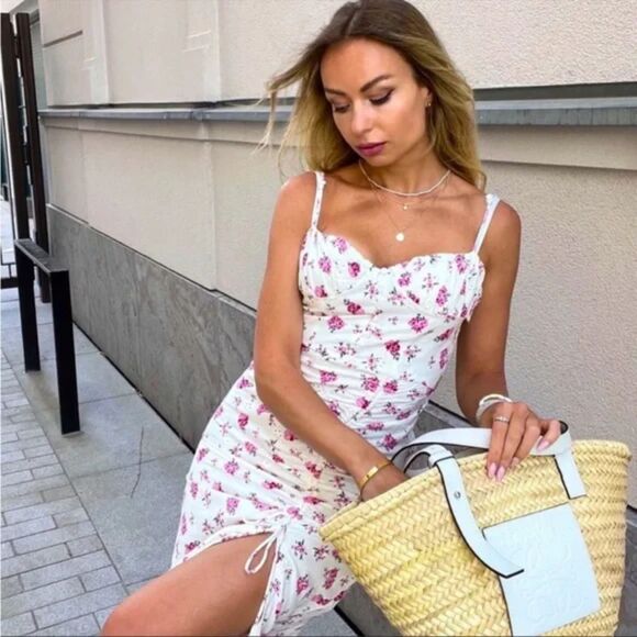 Zara Linen Floral Bustier Eyelet Smocked Midi Dress Size Large - Picture 2 of 12